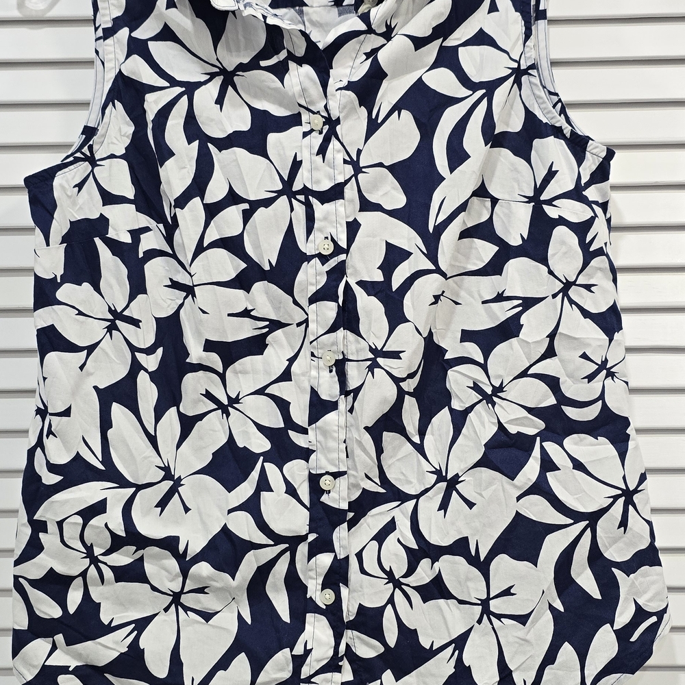 J. Crew Navy and White Floral Sleeveless Button-Front Blouse